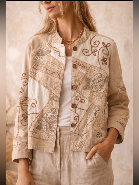 Vintage Jackets & Blazers - Vintage TanJay Embroidered Patchwork Jacket Beige Boho Cotton Cropped Blazer